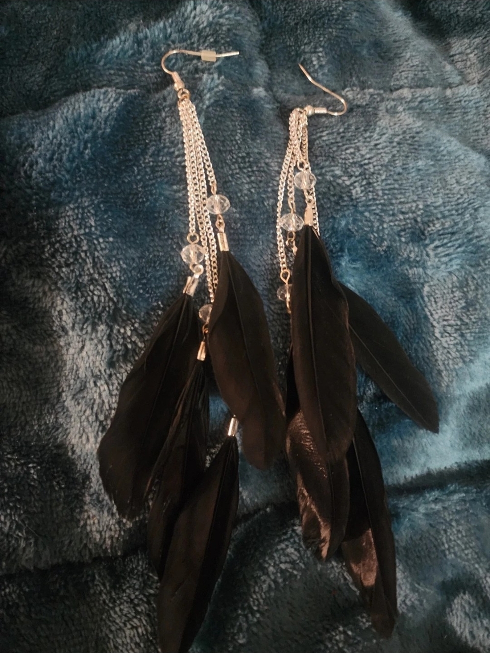 Unique Vintage Black Feather Dangle Earrings with Silver Chains